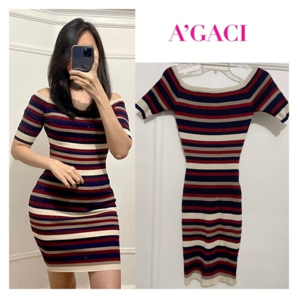 A'GACI Off-Shoulder Striped Mini Dress - Red/Maroon, Blue/Navy, Cream Size Large